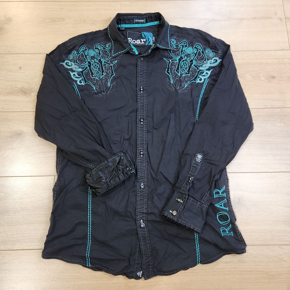 Roar Shirt Mens Large Black Embroidered Graphic Long Sleeve Button Up Casual